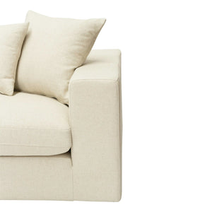 Lucca Four Seater Sofa in performance linen blend upholstery in Dune, refined design, available in boucle oatmeal or saddle leather.  Armrest.