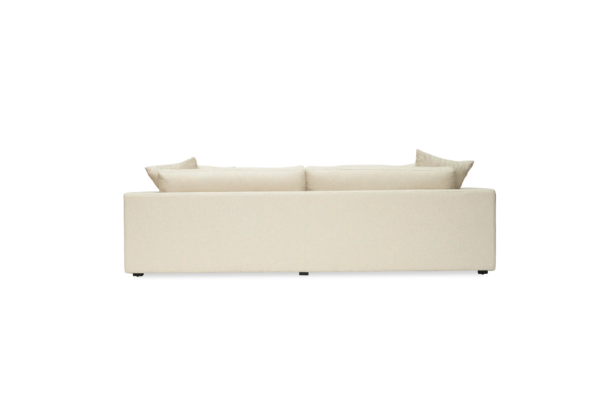 Lucca Four Seater Sofa in performance linen blend upholstery in Dune, refined design, available in boucle oatmeal or saddle leather.  Back perspective.