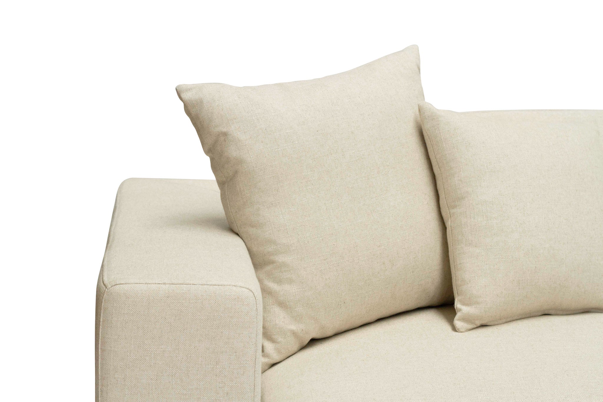 Lucca Four Seater Sofa in performance linen blend upholstery in Dune, refined design, available in boucle oatmeal or saddle leather.  Cushions.