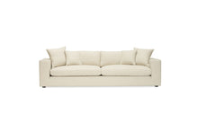 Load image into Gallery viewer, Lucca Four Seater Sofa in performance linen blend upholstery in Dune, refined design, available in boucle oatmeal or saddle leather.  Front perspective.