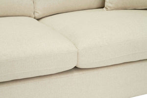 Lucca Four Seater Sofa in performance linen blend upholstery in Dune, refined design, available in boucle oatmeal or saddle leather.  Seat cushions.