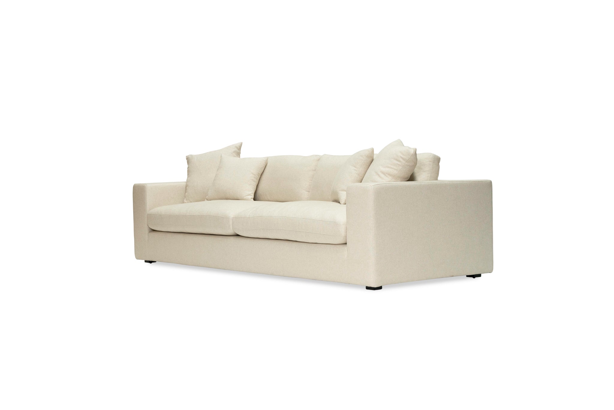 Lucca Four Seater Sofa in performance linen blend upholstery in Dune, refined design, available in boucle oatmeal or saddle leather.  Front angle perspective.