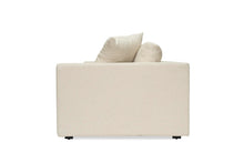 Load image into Gallery viewer, Lucca Four Seater Sofa in performance linen blend upholstery in Dune, refined design, available in boucle oatmeal or saddle leather.  Side perspective.