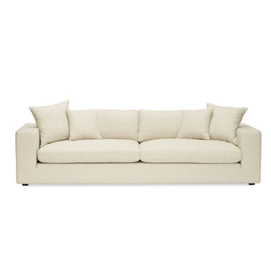 Lucca Four Seater Sofa in performance linen blend upholstery in Dune, refined design, available in boucle oatmeal or saddle leather
