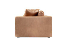 Load image into Gallery viewer, Lucca Four Seater Sofa in trend saddle tan leather with sleek, sophisticated design. Side perspective.