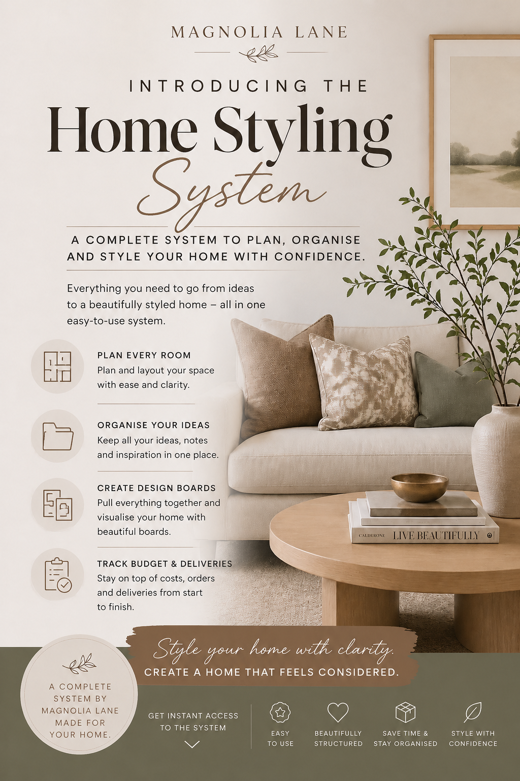 Magnolia Lane Home Styling System in Notion dashboard for planning rooms, design boards, budget and interior styling projects