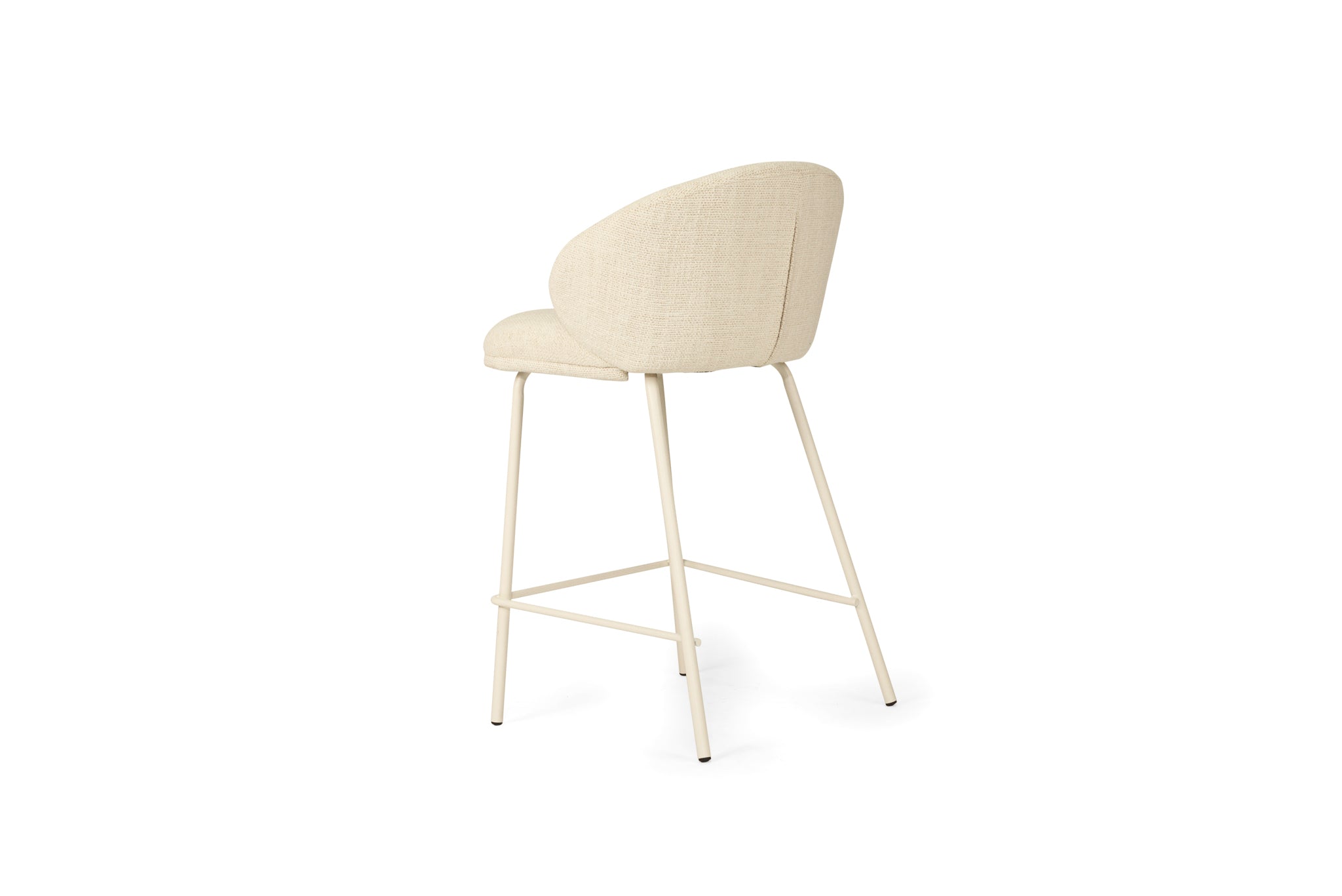 Bellevue Counter Stool with padded Natural fabric seat and back, slim white powder-coated steel frame, modern elegant design. Back angle perspective.
