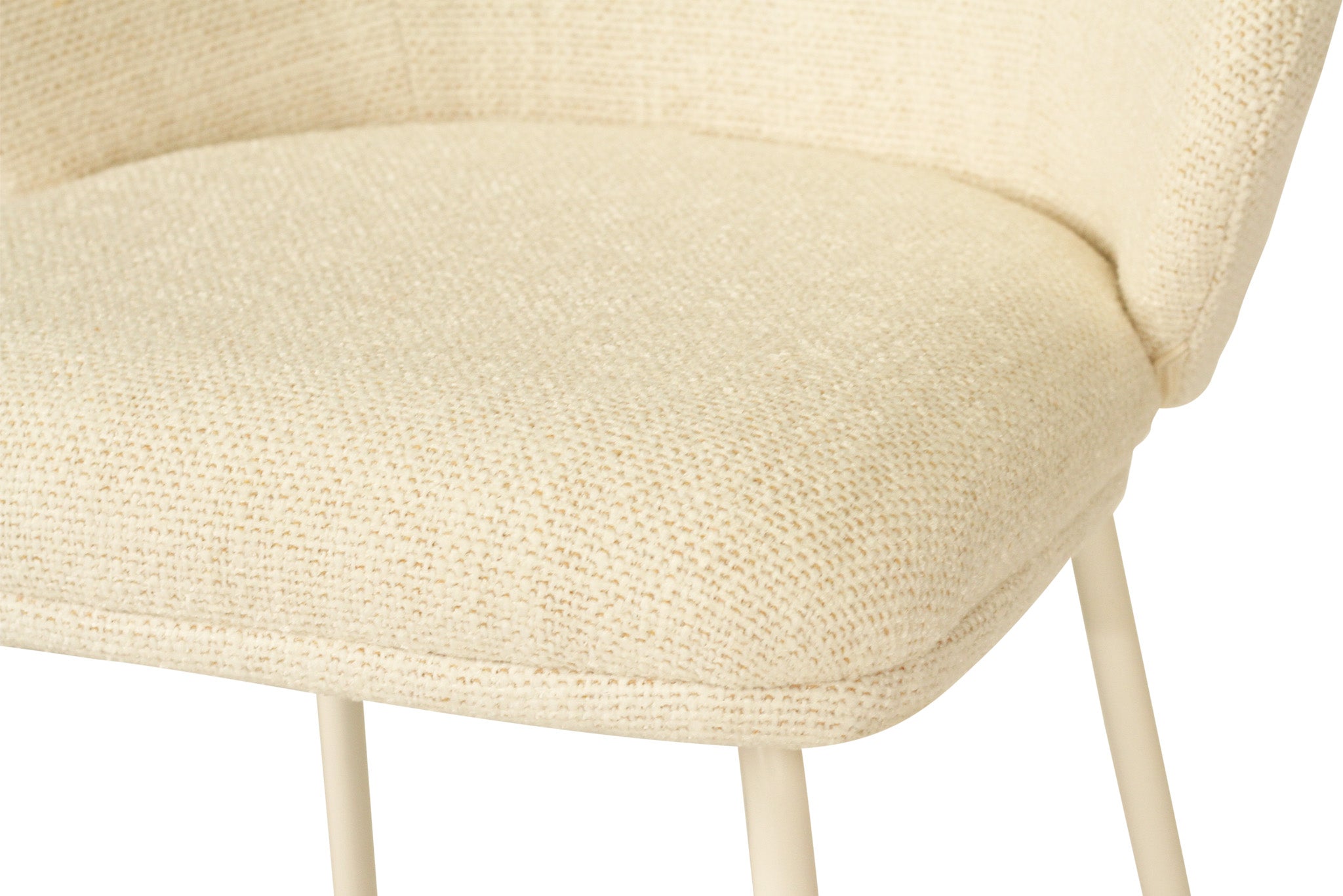 Bellevue Counter Stool with padded Natural fabric seat and back, slim white powder-coated steel frame, modern elegant design. Seat perspective.