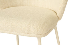 Load image into Gallery viewer, Bellevue Counter Stool with padded Natural fabric seat and back, slim white powder-coated steel frame, modern elegant design. Seat perspective.