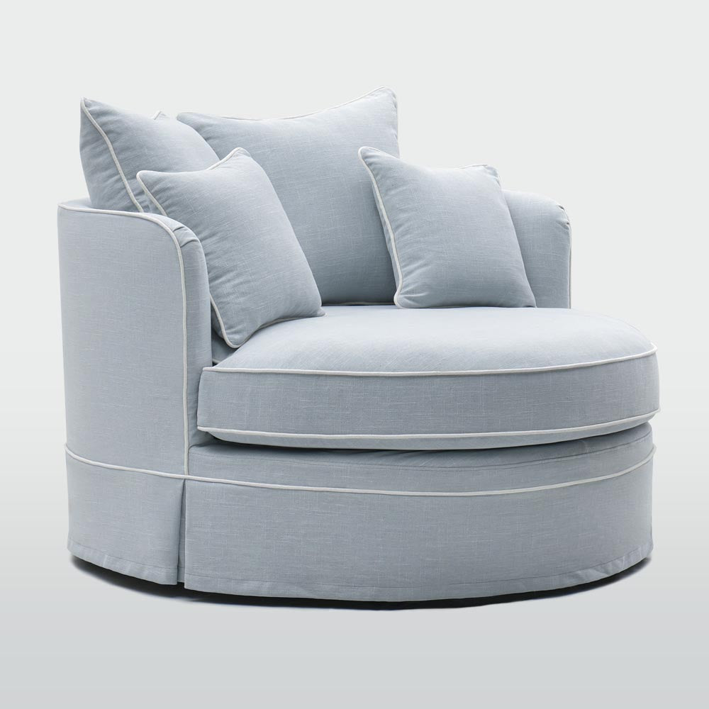 Noosa snuggle occasional chair in Beach with White Piping, front angle