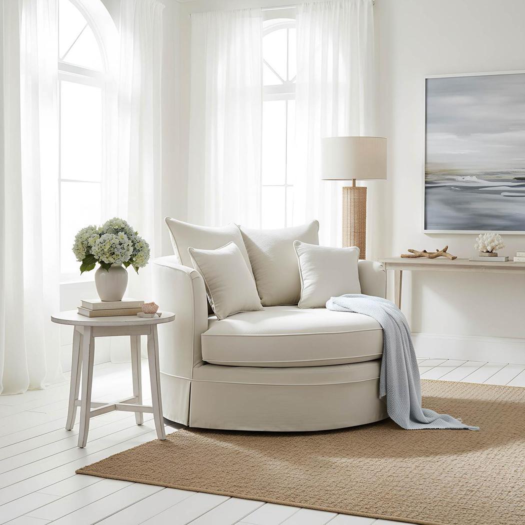 Noosa beige snuggle chair styled with a side table and rug in a light-filled living room