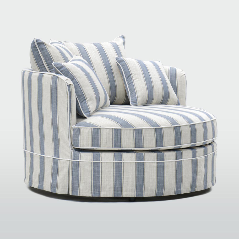 Noosa snuggle occasional chair in Blue Sky Stripe, front angle