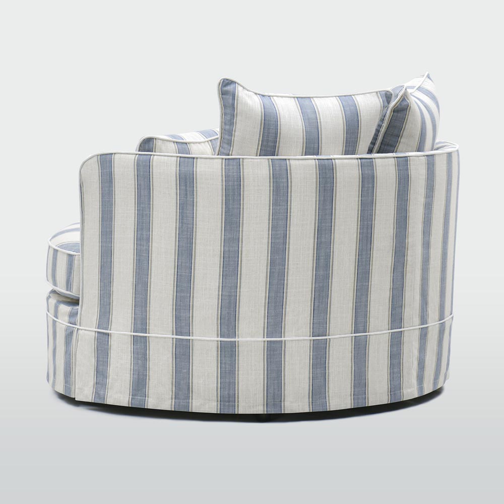 Noosa snuggle occasional chair in Blue Sky Stripe, rear view