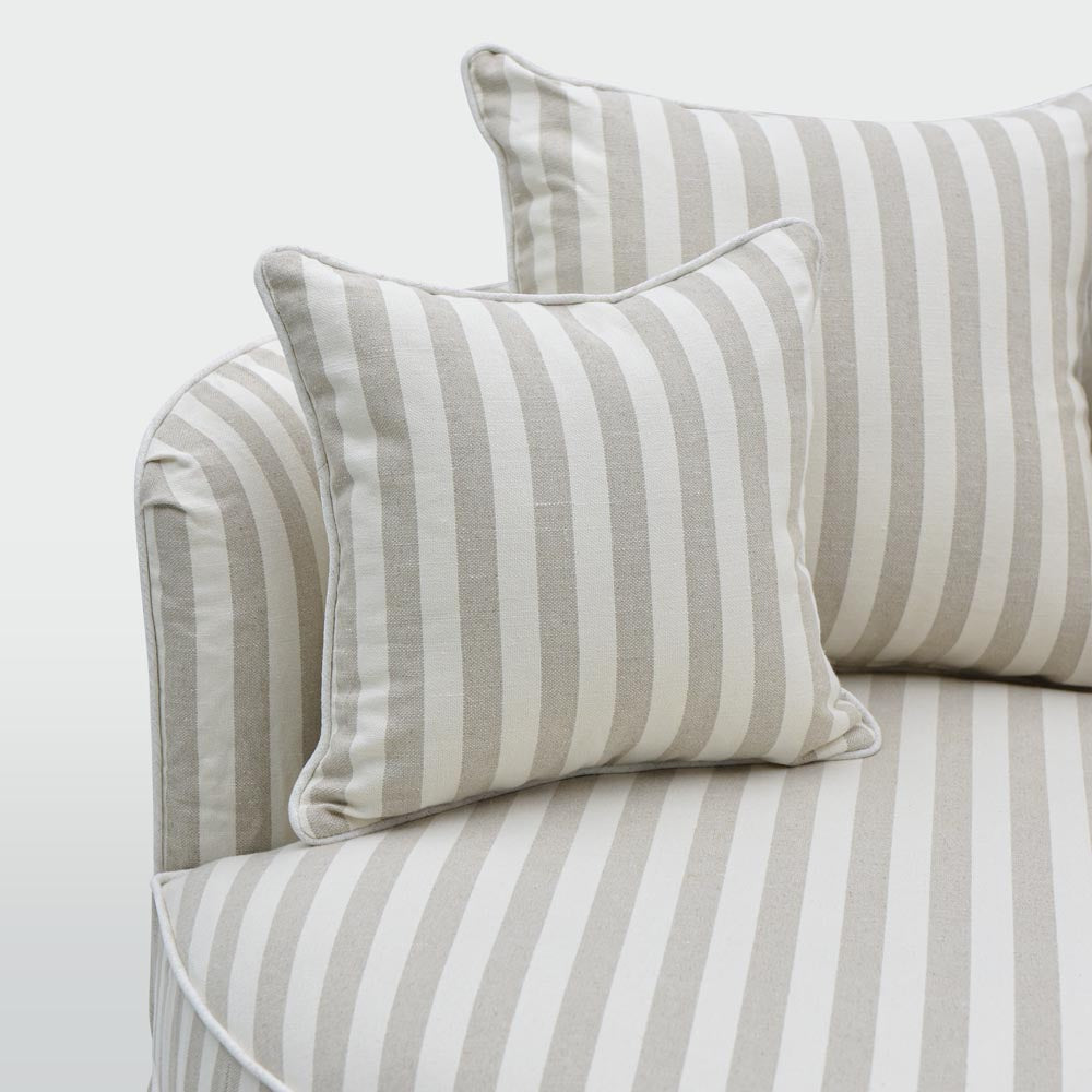 Noosa snuggle occasional chair in Natural Stripe with White Piping, cushion detail