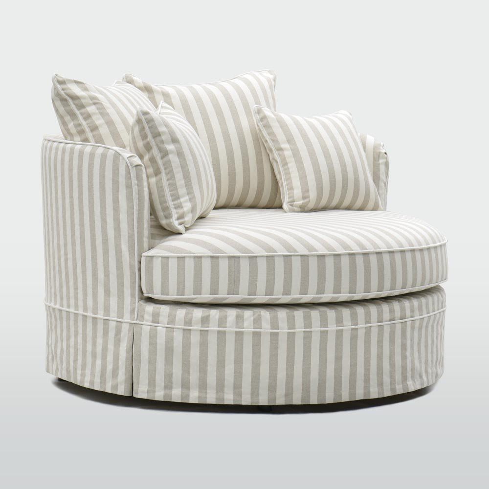 Noosa snuggle occasional chair in Natural Stripe with White Piping, front angle