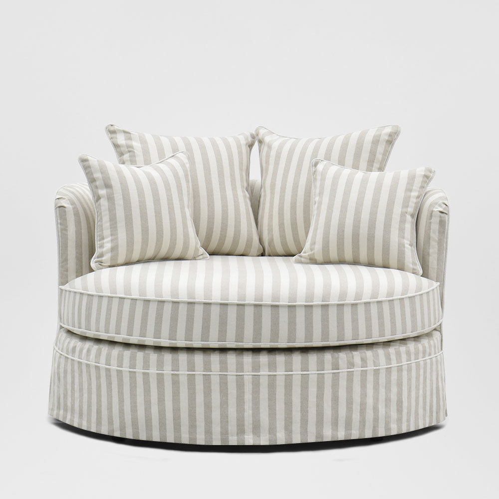 Noosa snuggle occasional chair in Natural Stripe with White Piping, front view