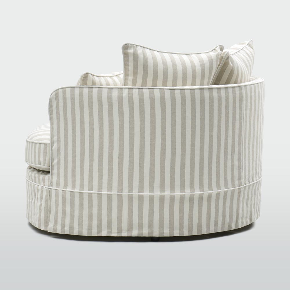 Noosa snuggle occasional chair in Natural Stripe with White Piping, rear view