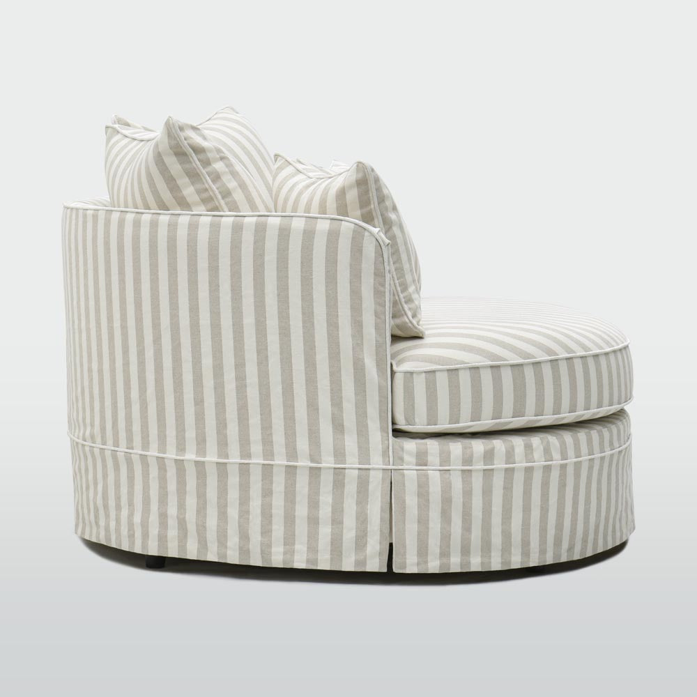 Noosa snuggle occasional chair in Natural Stripe with White Piping, side view