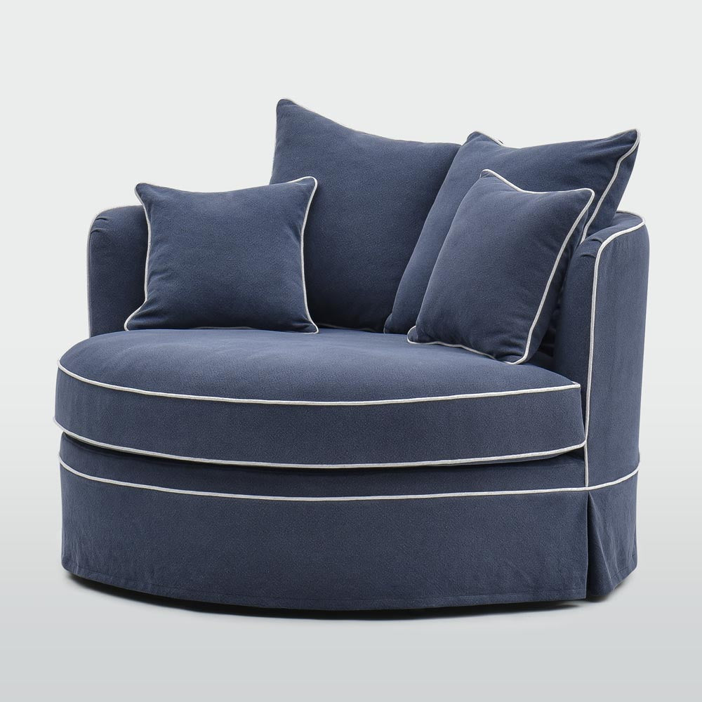 Noosa snuggle occasional chair in Navy with White Piping, front angle