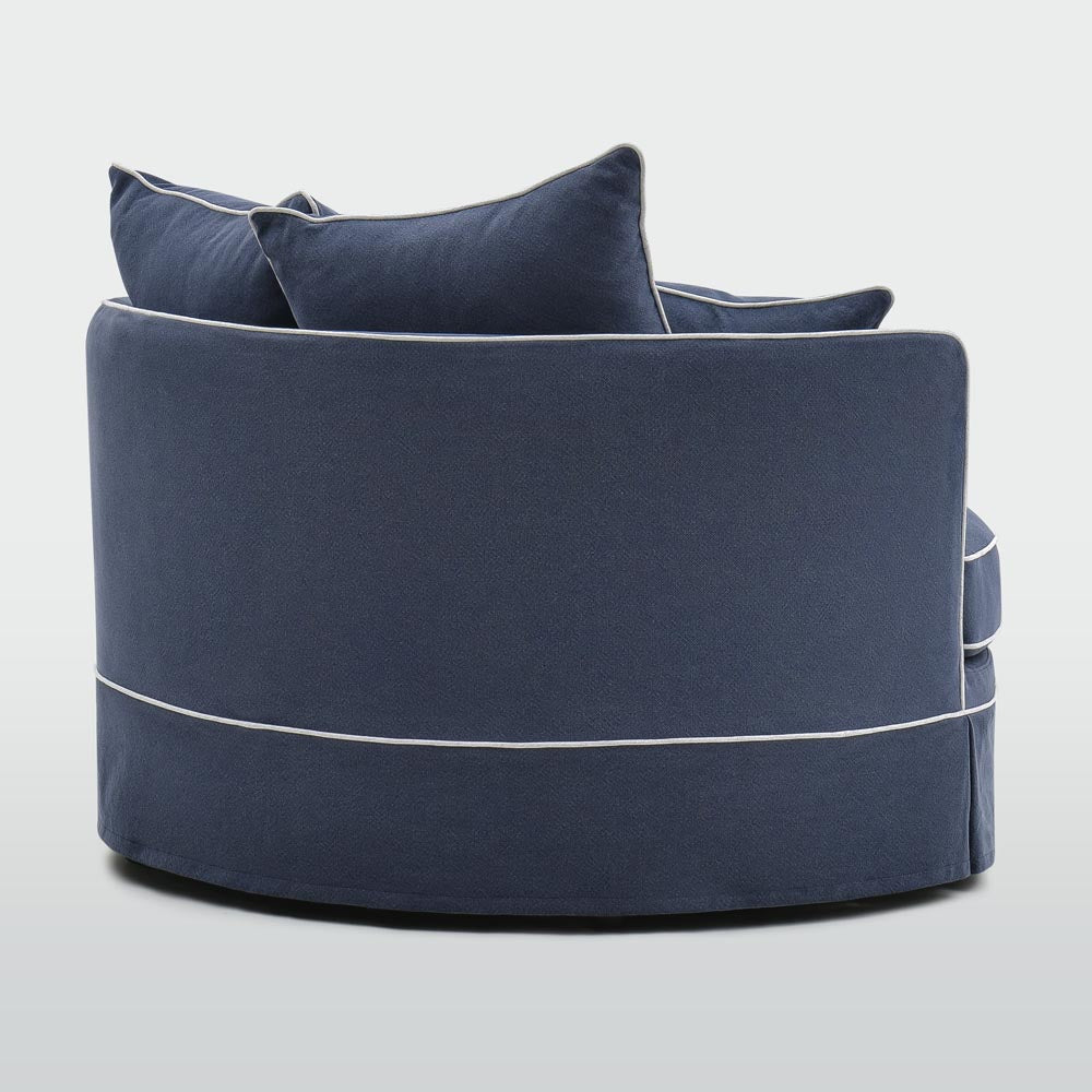 Noosa snuggle occasional chair in Navy with White Piping, rear view