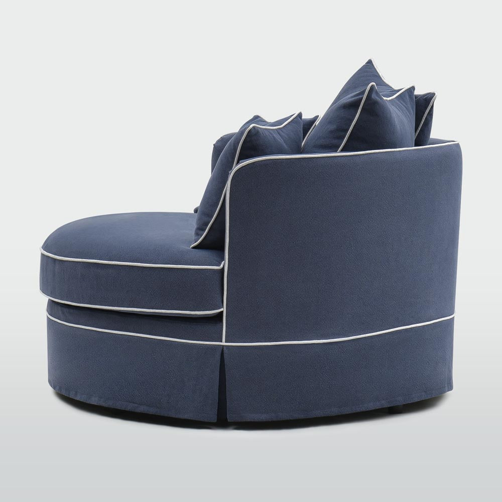 Noosa snuggle occasional chair in Navy with White Piping, side view