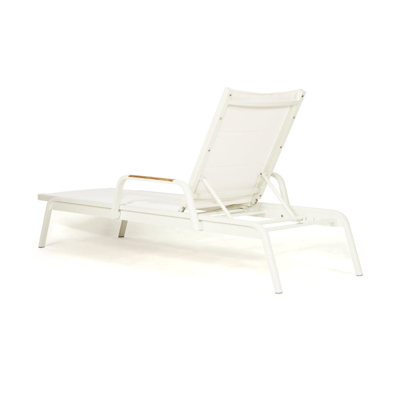 Back angle view of Noosa Outdoor Sun Lounger with white aluminium frame and teak armrests
