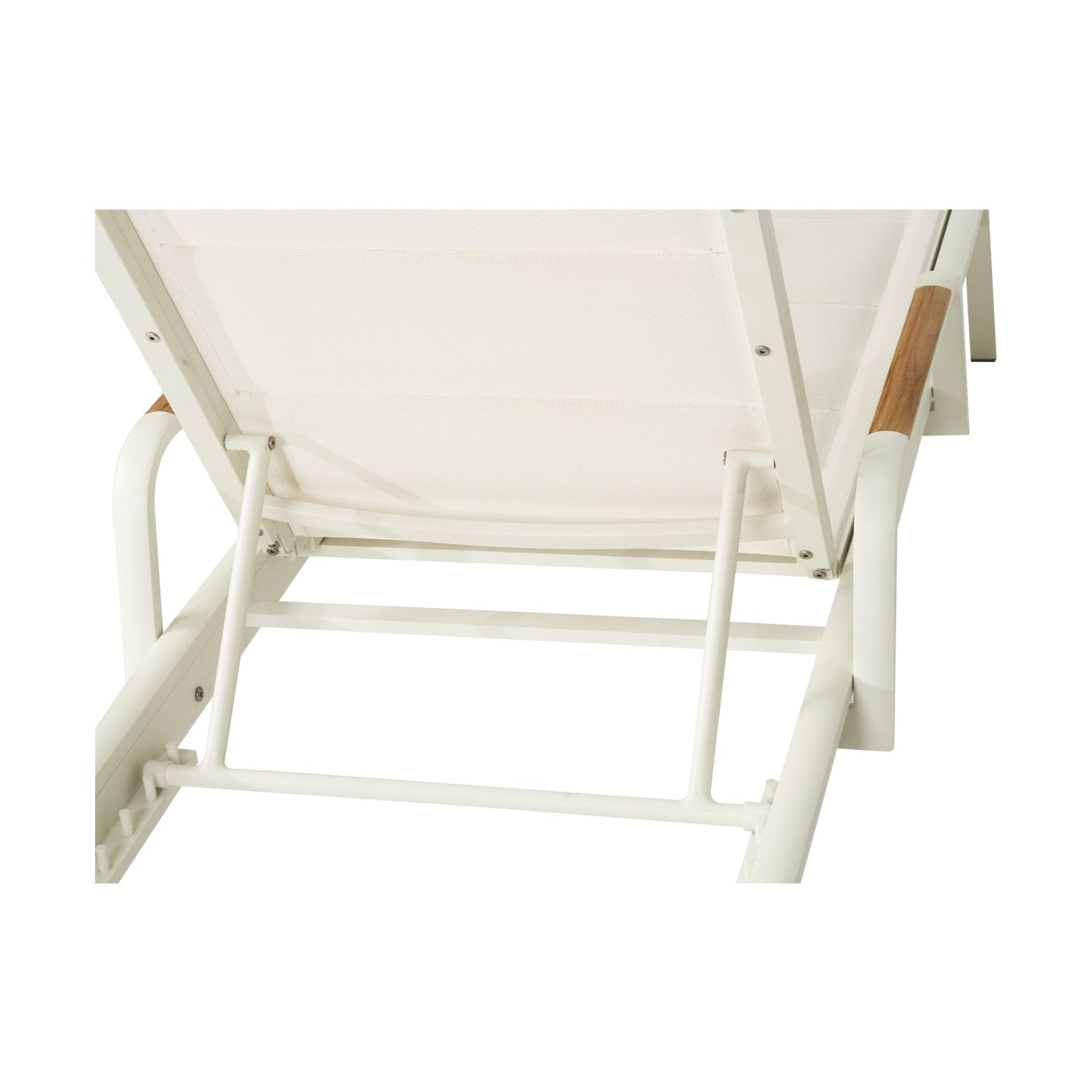Natural teak armrest detail on Noosa white aluminium outdoor sun lounger