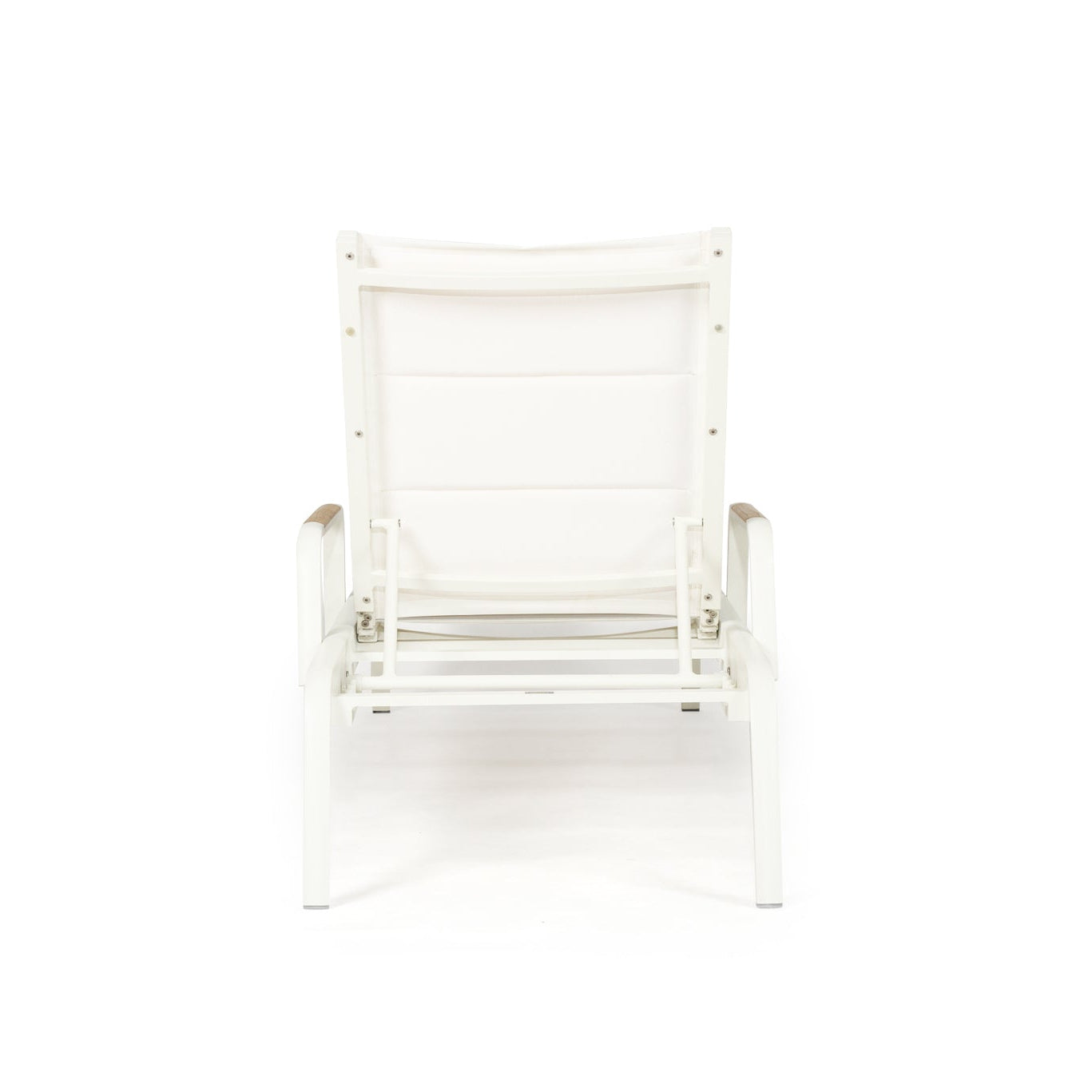 Back view of Noosa Outdoor Sun Lounger with white aluminium frame and teak armrests