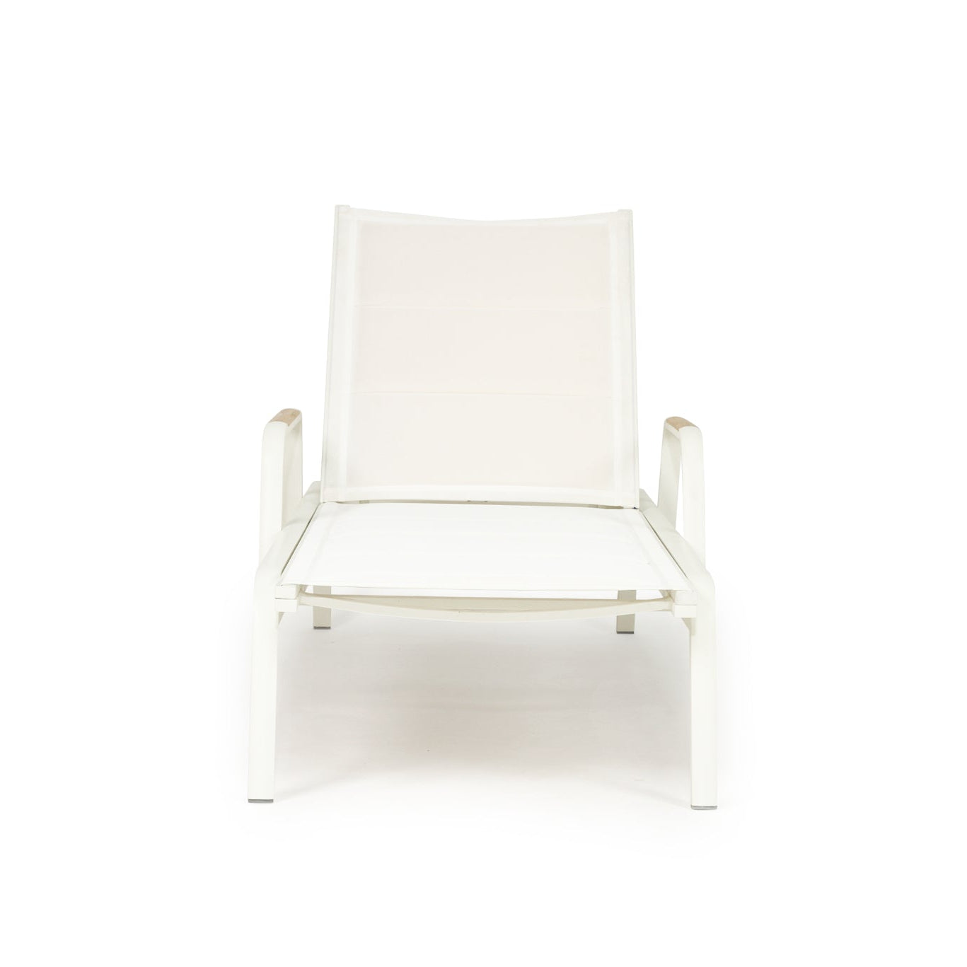 Upright view of Noosa Outdoor Sun Lounger with white aluminium frame and teak armrests