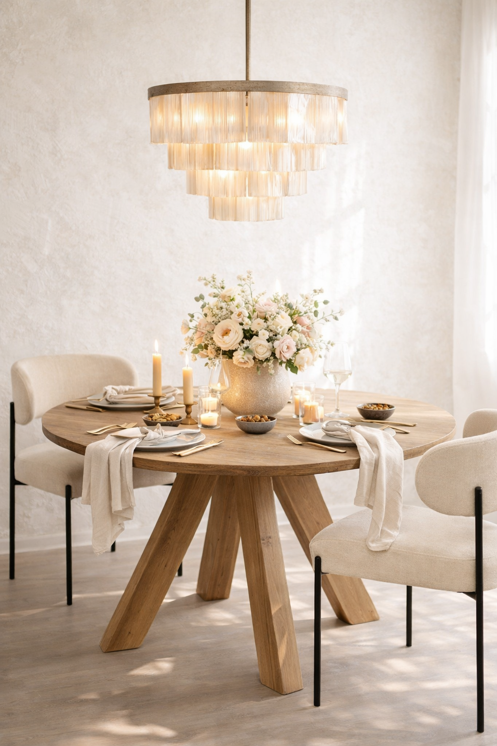 Dining room with a wooden table, chairs, and a chandelier.