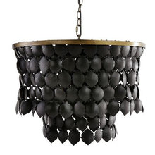 Load image into Gallery viewer, Piatos Hanging Lamp made from natural coconut shell with a black finish and brass frame, handcrafted sustainable lighting