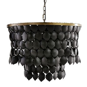 Piatos Hanging Lamp made from natural coconut shell with a black finish and brass frame, handcrafted sustainable lighting