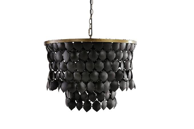 Piatos Hanging Lamp made from natural coconut shell with a black finish and brass frame, handcrafted sustainable lighting. Coastal and modern elegance.