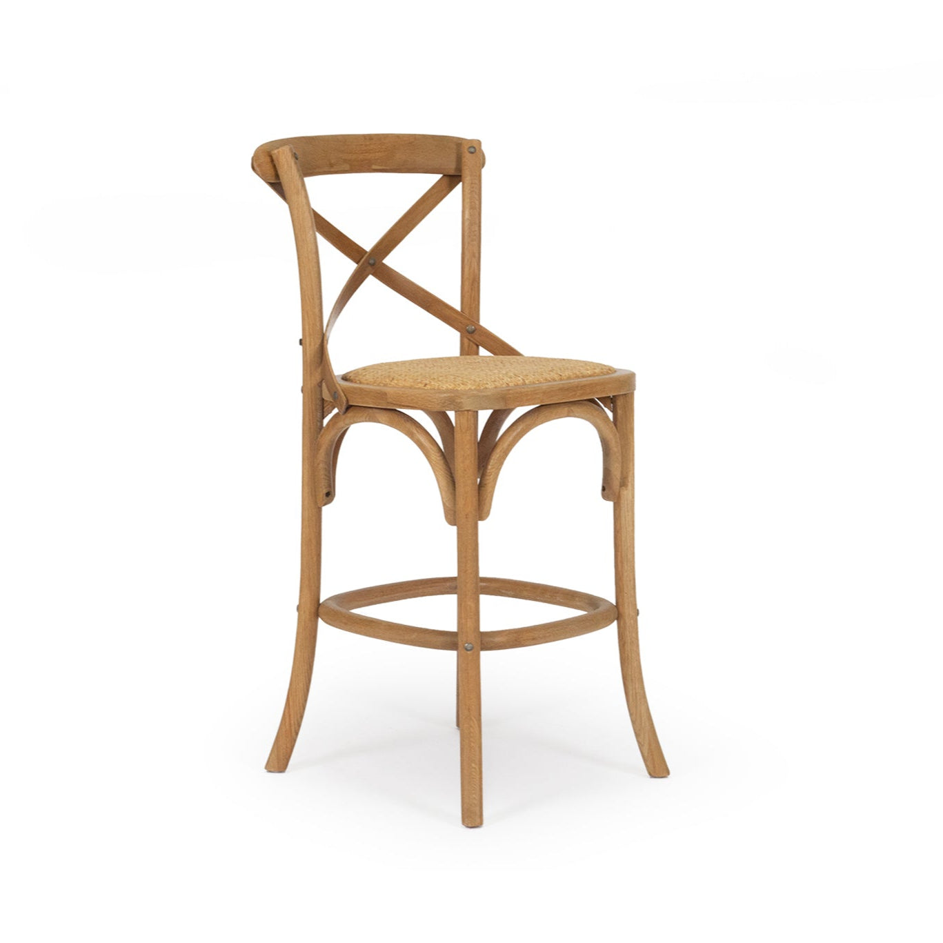 Settler Provincial Cross Back Counter Stool in oak with rattan seat, French café style stool for coastal and provincial interiors.  Coastal modern.