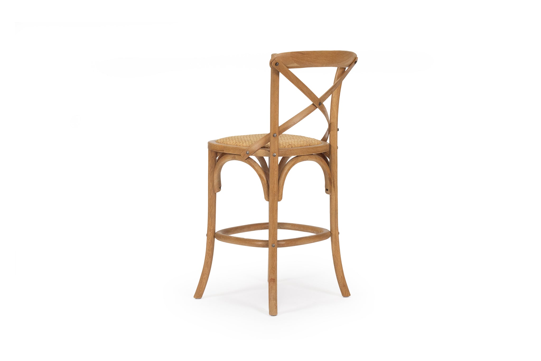 Settler Provincial Cross Back Counter Stool in oak with rattan seat, French café style stool for coastal and provincial interiors.  Back angle perspective.