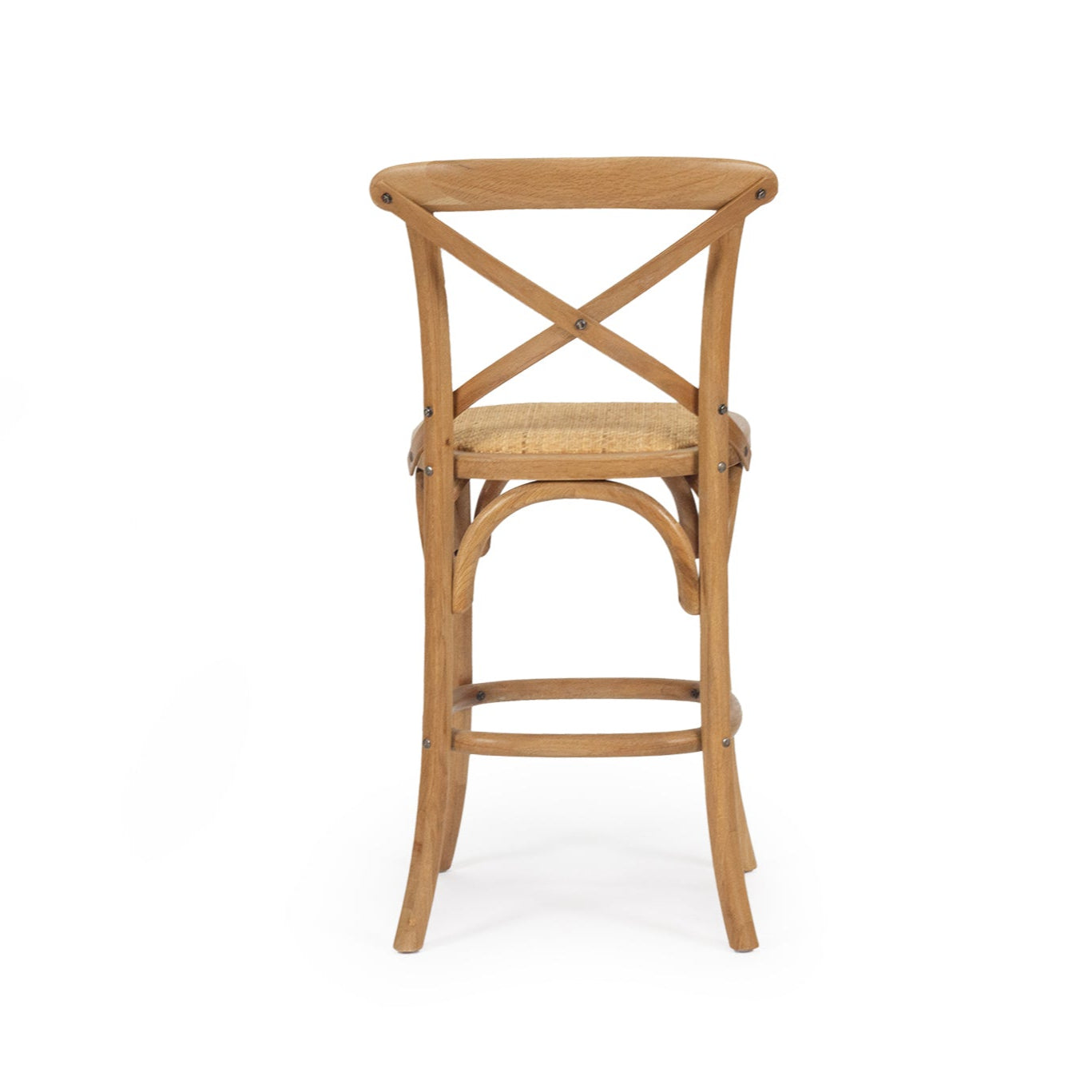 Settler Provincial Cross Back Counter Stool in oak with rattan seat, French café style stool for coastal and provincial interiors.  Back perspective.
