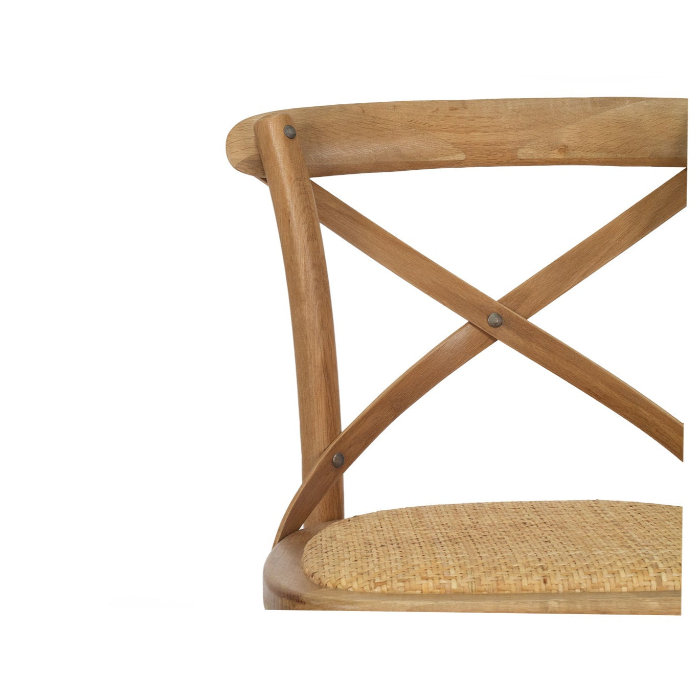 Settler Provincial Cross Back Counter Stool in oak with rattan seat, French café style stool for coastal and provincial interiors.  Backrest perspective.