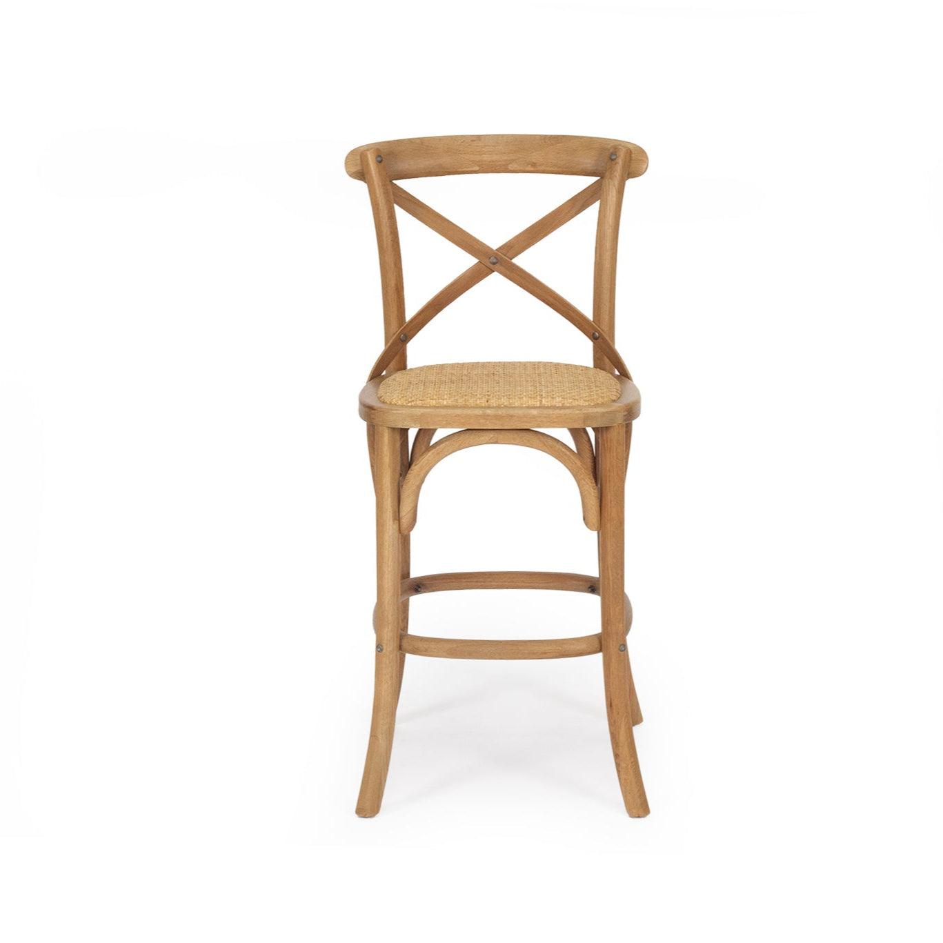 Settler Provincial Cross Back Counter Stool in oak with rattan seat, French café style stool for coastal and provincial interiors.  Back perspective.
