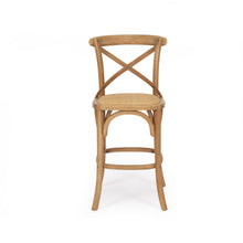 Load image into Gallery viewer, Settler Provincial Cross Back Counter Stool in oak with rattan seat, French café style stool for coastal and provincial interiors.  Back perspective.