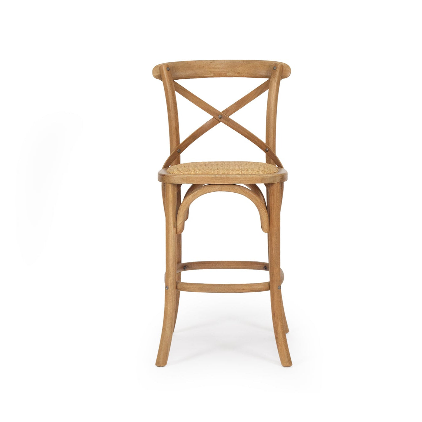 Settler Provincial Cross Back Counter Stool in oak with rattan seat, French café style stool for coastal and provincial interiors.
