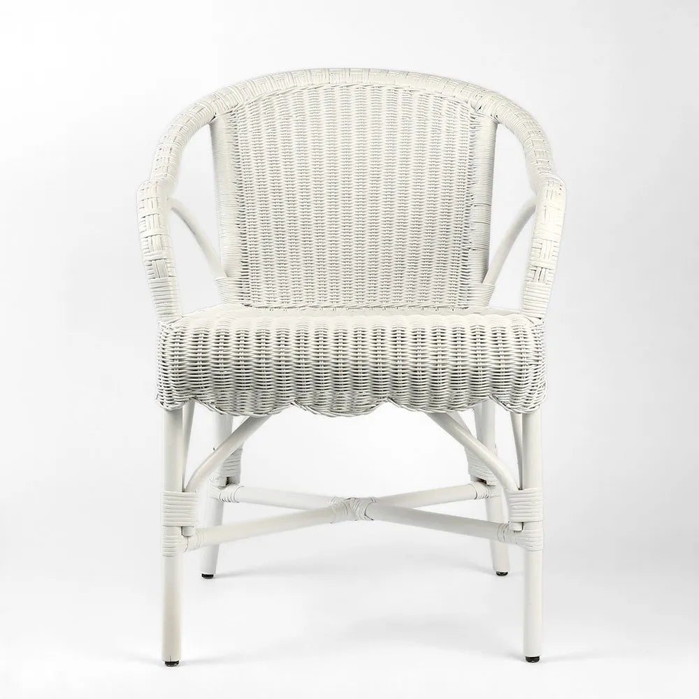 Beautiful French inspired rattan armchair in white, Magnolia Lane classic designs for the modern home
