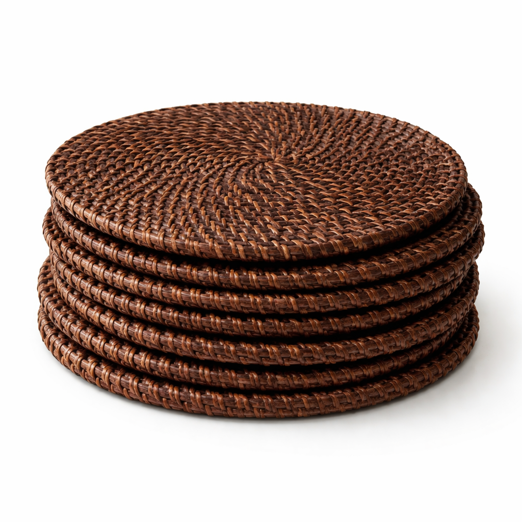 Stack of handwoven espresso rattan placemats 30cm diameter handcrafted in Vietnam – Magnolia Lane