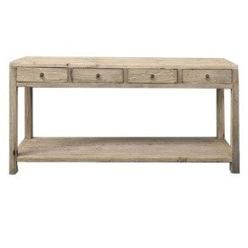 Reclaimed timber console table with four drawers and brass-look metal handles, handcrafted coastal furniture combining rustic and contemporary design for a warm, natural interior.