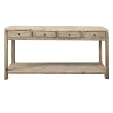 Load image into Gallery viewer, Reclaimed timber console table with four drawers and brass-look metal handles, handcrafted coastal furniture combining rustic and contemporary design for a warm, natural interior.