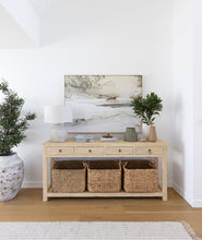 Load image into Gallery viewer, Reclaimed timber console table with four drawers and brass-look metal handles, handcrafted coastal furniture combining rustic and contemporary design for a warm, natural interior.  Magnolia Lane modern coastal interior.