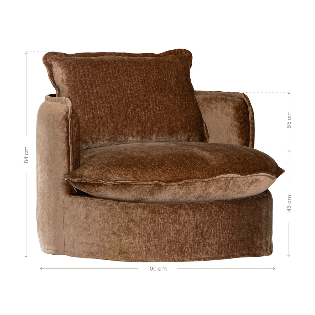 Dimensions of the Sabora Swivel Chair showing 100cm width, 100cm depth and 84cm height.