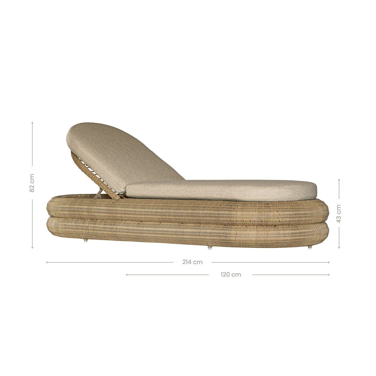Satori outdoor sun lounger dimension diagram showing its length, width and height
