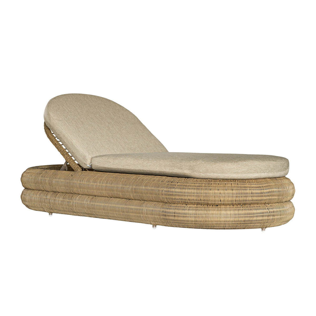 Satori outdoor sun lounger in Natural with woven polyrattan base and raised cushioned backrest, angled view