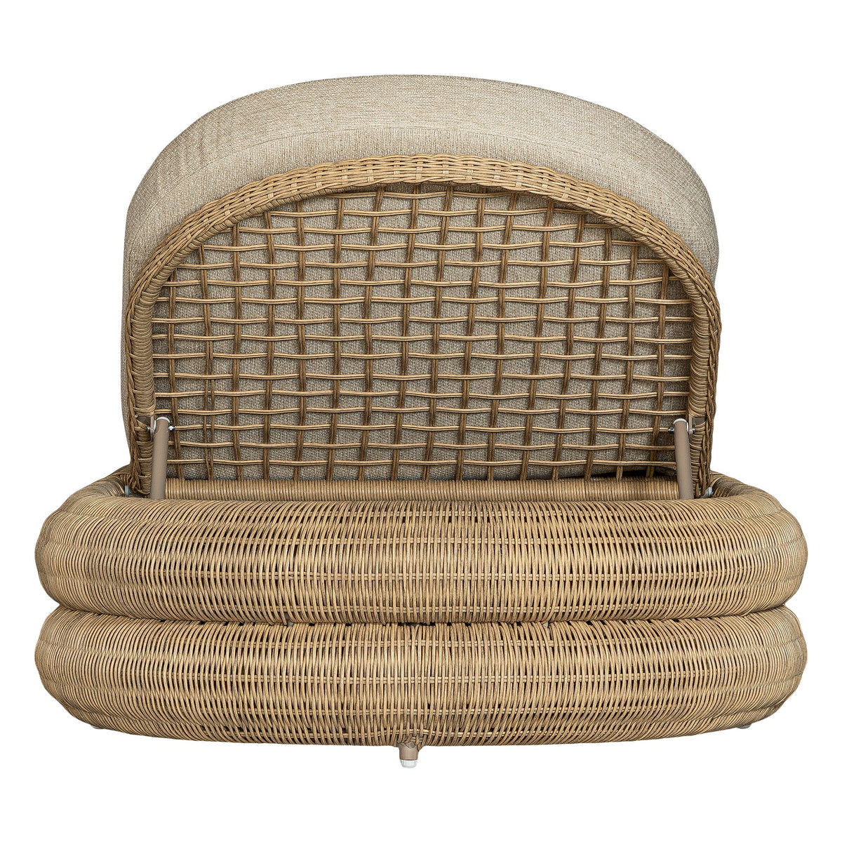 Satori outdoor sun lounger, rear view showing the woven backrest and rounded base