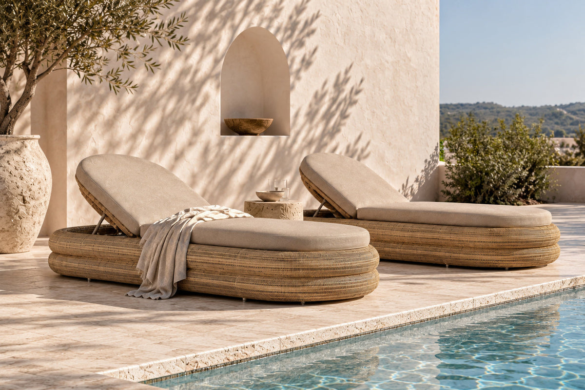 Two Satori outdoor sun loungers with neutral cushions styled on a terrace beside a swimming pool
